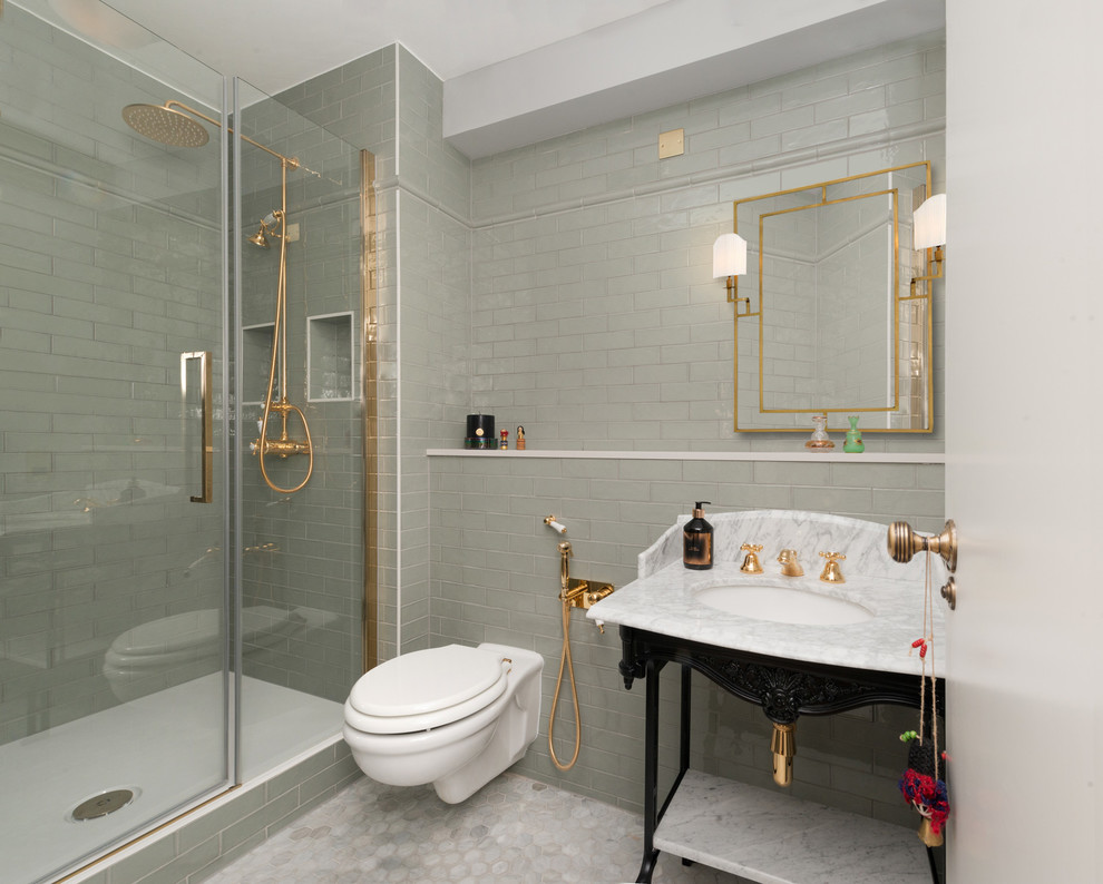 Large traditional 3/4 bathroom in London with recessed-panel cabinets, white cabinets, a one-piece toilet, white tile, subway tile, a console sink, a curbless shower, grey walls, marble floors, grey floor, a hinged shower door and grey benchtops.