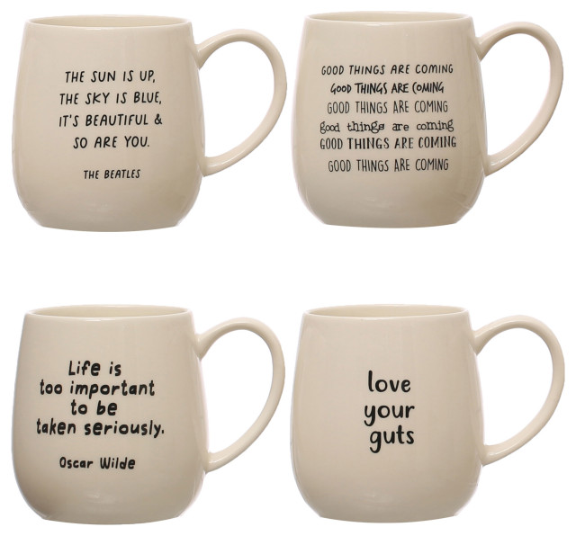 5.25" Stoneware Mug, Love Text Quote Designs, White, Black, Set of 4