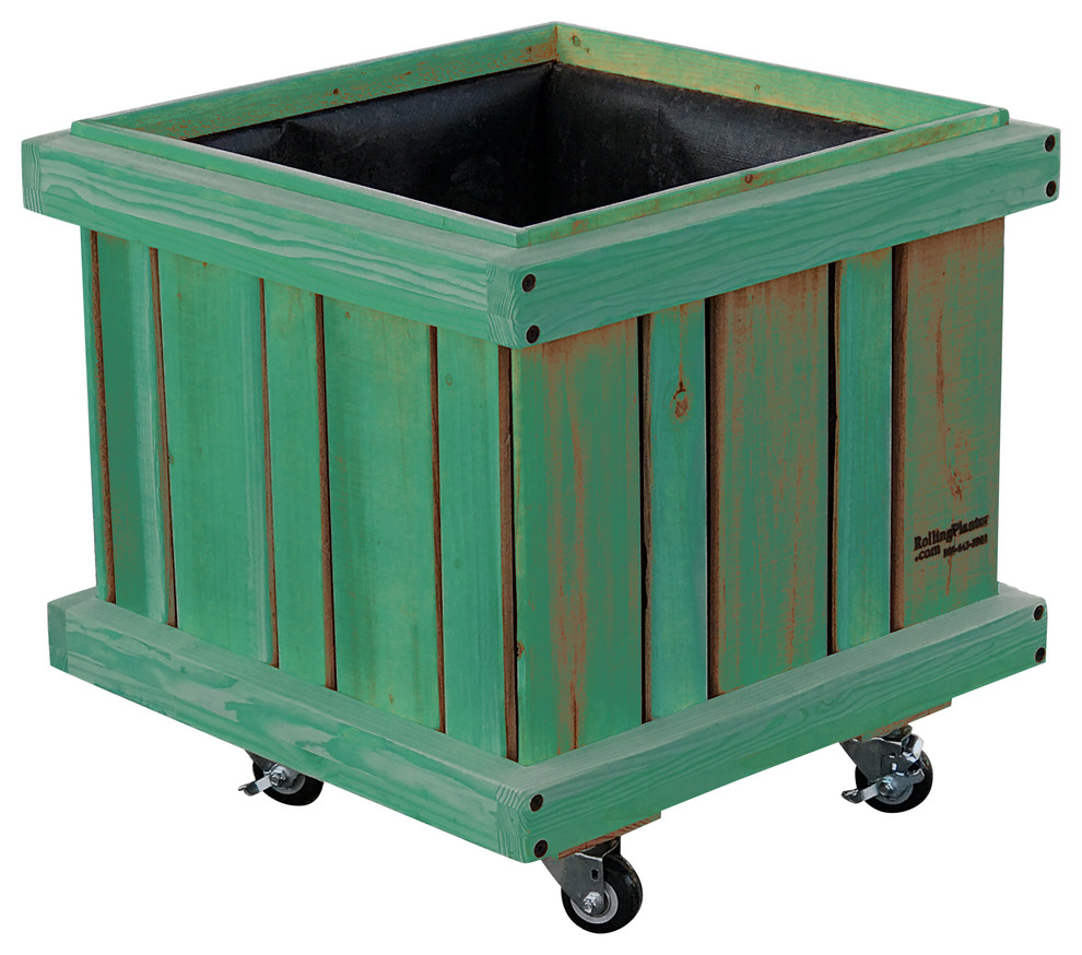 Rolling Tree 27" Cube Planter, Green Stain Finish Farmhouse Indoor