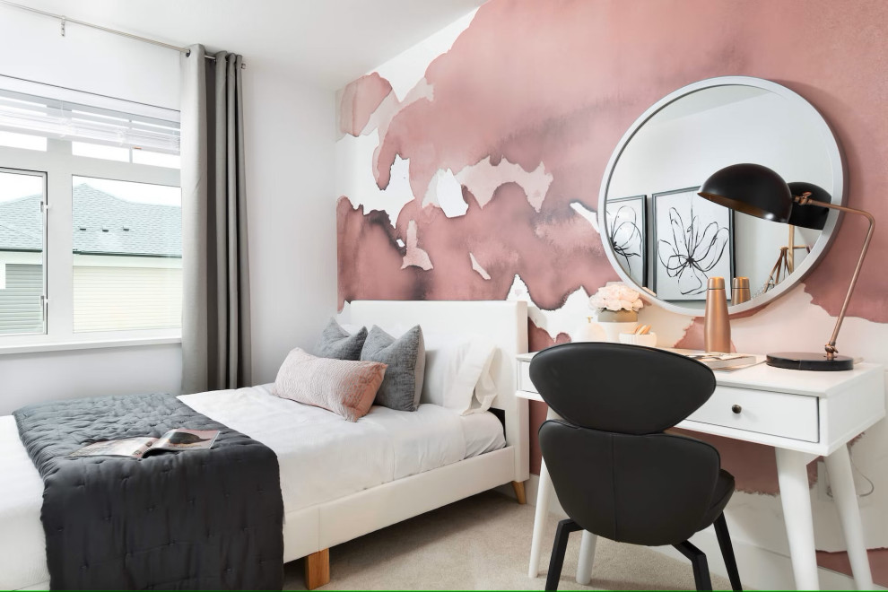 Mid-sized scandinavian kids' room in Vancouver with pink walls, carpet, beige floor and wallpaper for girls.