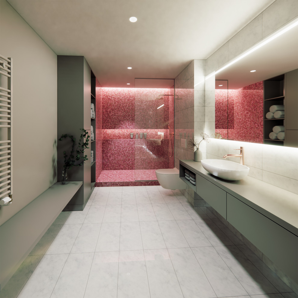 Inspiration för små moderna badrum med dusch, med våtrum, en vägghängd toalettstol, marmorkakel, marmorgolv, ett fristående handfat, vitt golv och med dusch som är öppen