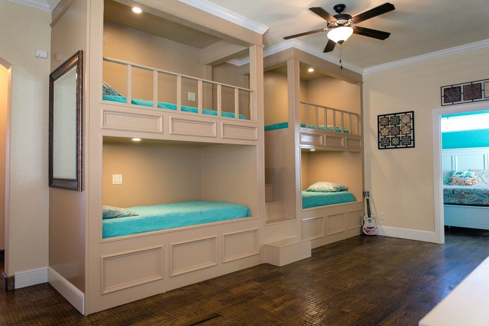Photo of a mid-sized country gender-neutral kids' bedroom for kids 4-10 years old in Dallas with beige walls, dark hardwood floors and brown floor.