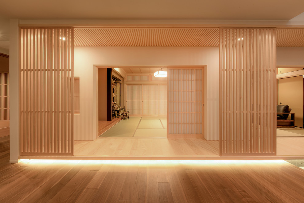 Design ideas for an asian hallway in Other with white walls and light hardwood floors.