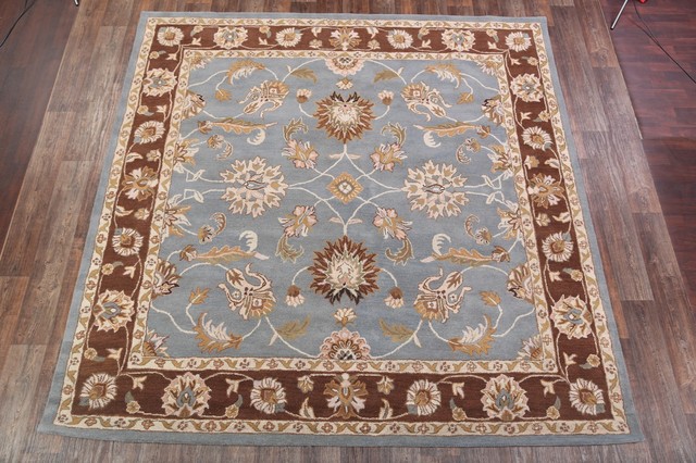 Traditional Floral Light Blue Oushak Oriental Hand-Tufted 7'x7' Square Wool Rug 
