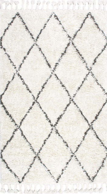 Hand Knotted Geometric Diamond Wool Shag Rug, Natural, 8'x10'