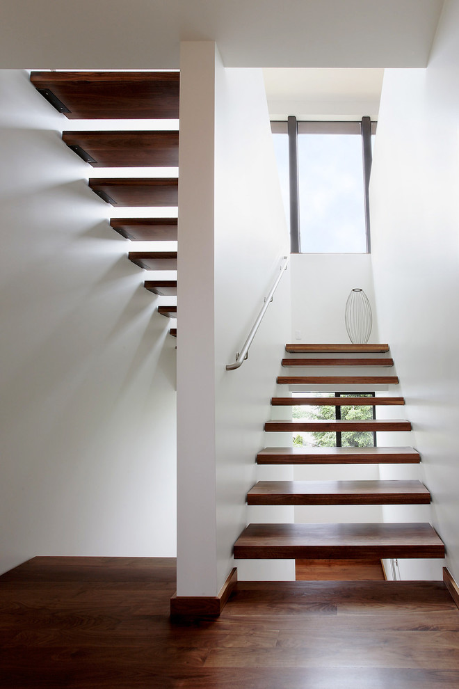 Photo of a mid-sized contemporary wood staircase in Seattle with open risers.
