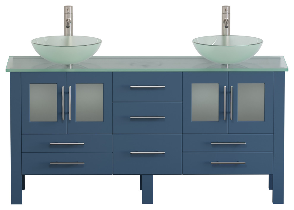 63" Blue Wood & Glass Double Sink Vanity Set, Brushed Nickel Faucets- "Cymber"
