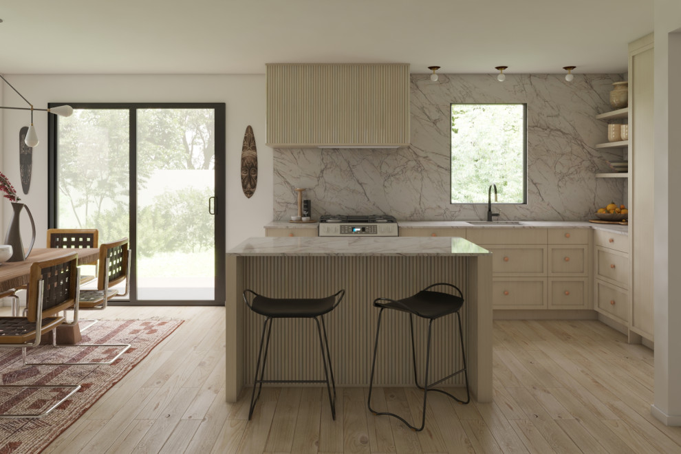 Foto på ett litet funkis beige kök, med en undermonterad diskho, luckor med infälld panel, skåp i ljust trä, marmorbänkskiva, beige stänkskydd, stänkskydd i marmor, integrerade vitvaror, ljust trägolv, en köksö och brunt golv