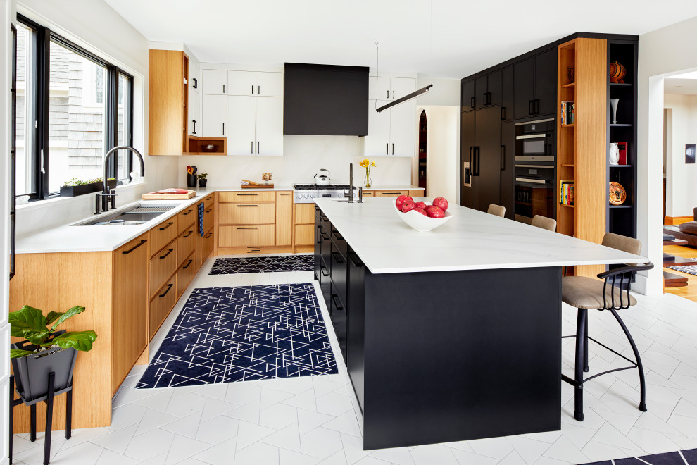 Example of a large trendy ceramic tile and white floor eat-in kitchen design in Portland Maine with an undermount sink, quartz countertops, white backsplash, an island and white countertops