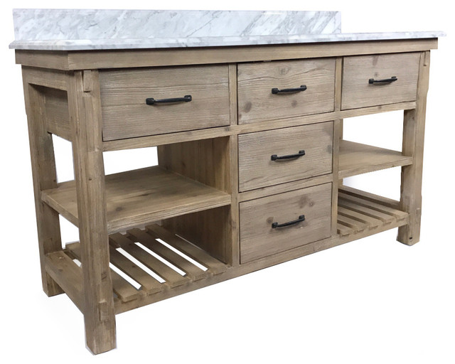 Dual-Sink Driftwood Bathroom Vanity With Carrara Marble ...