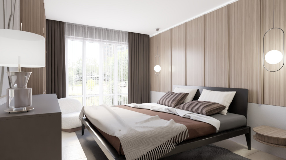 Modelo de habitación de invitados gris y blanca actual pequeña con paredes beige, suelo de baldosas de cerámica, suelo beige y madera