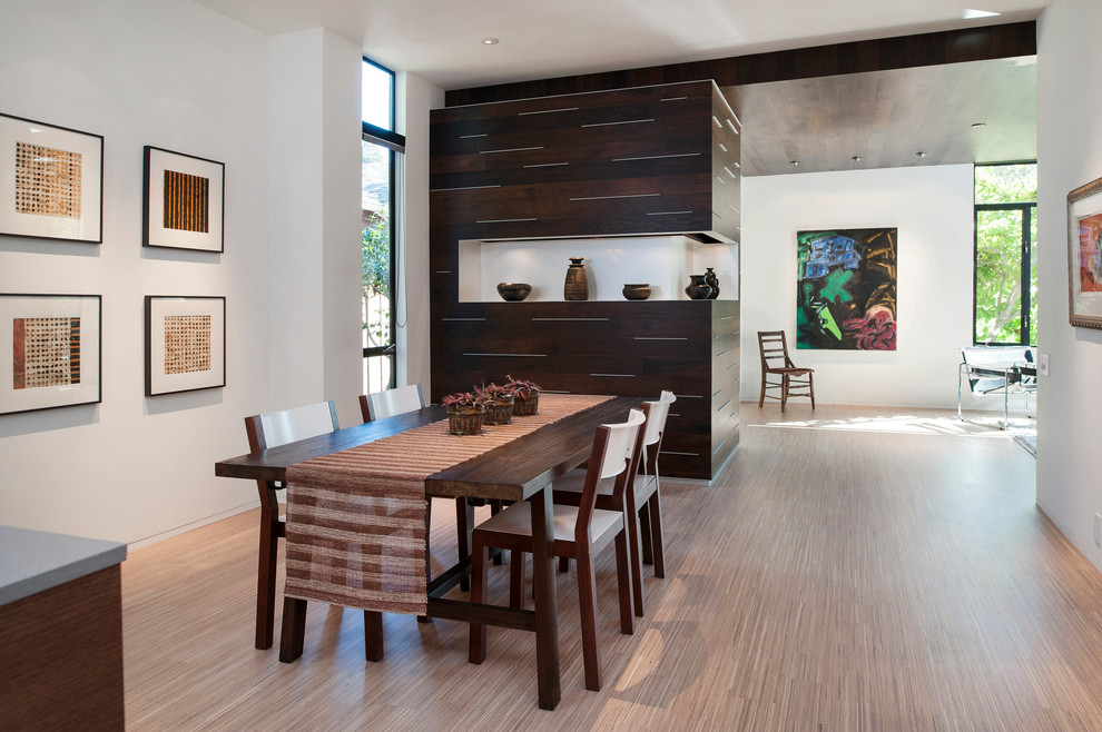 This is an example of a modern dining room in San Francisco with white walls.