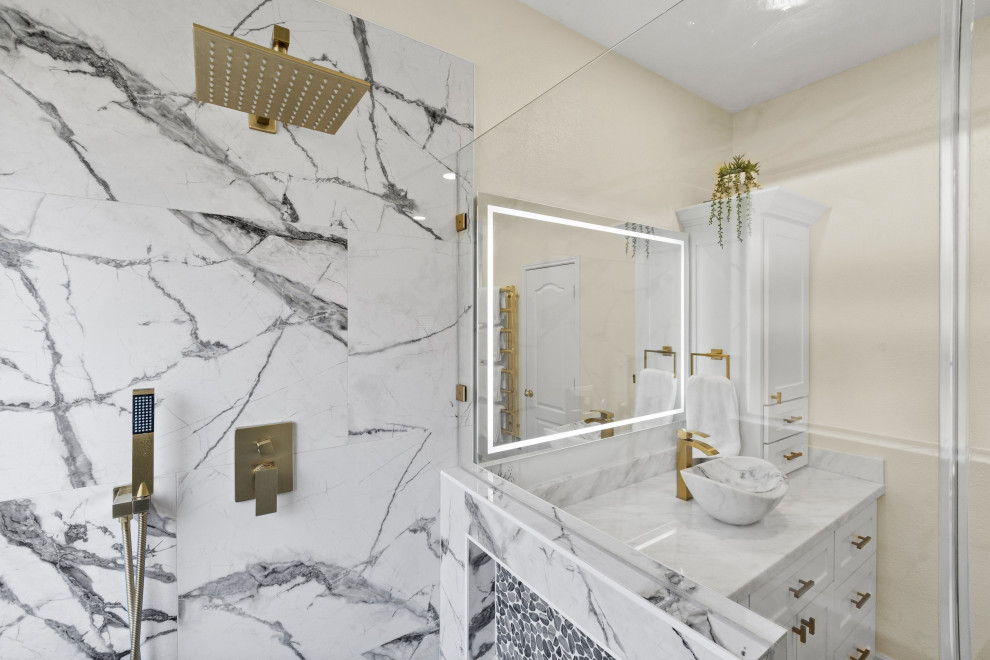 Inspiration for a mid-sized modern master bathroom in Houston with shaker cabinets, white cabinets, a double shower, a bidet, white tile, porcelain tile, beige walls, porcelain floors, a vessel sink, quartzite benchtops, brown floor, a hinged shower door, white benchtops, a shower seat, a double vanity, a built-in vanity and coffered.