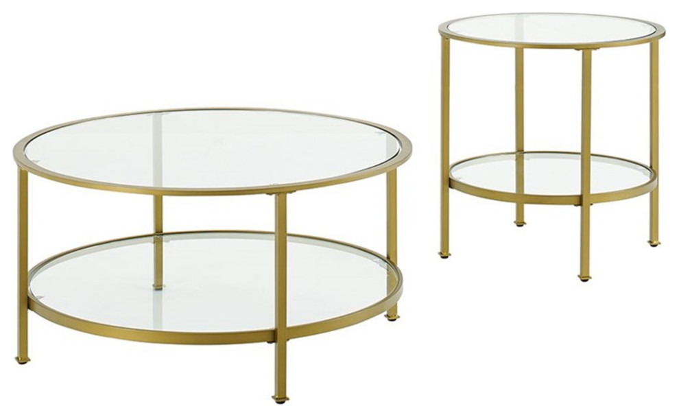 Crosley Aimee 2 Piece Round Glass Top Accent Coffee Table Set in Soft Gold Contemporary