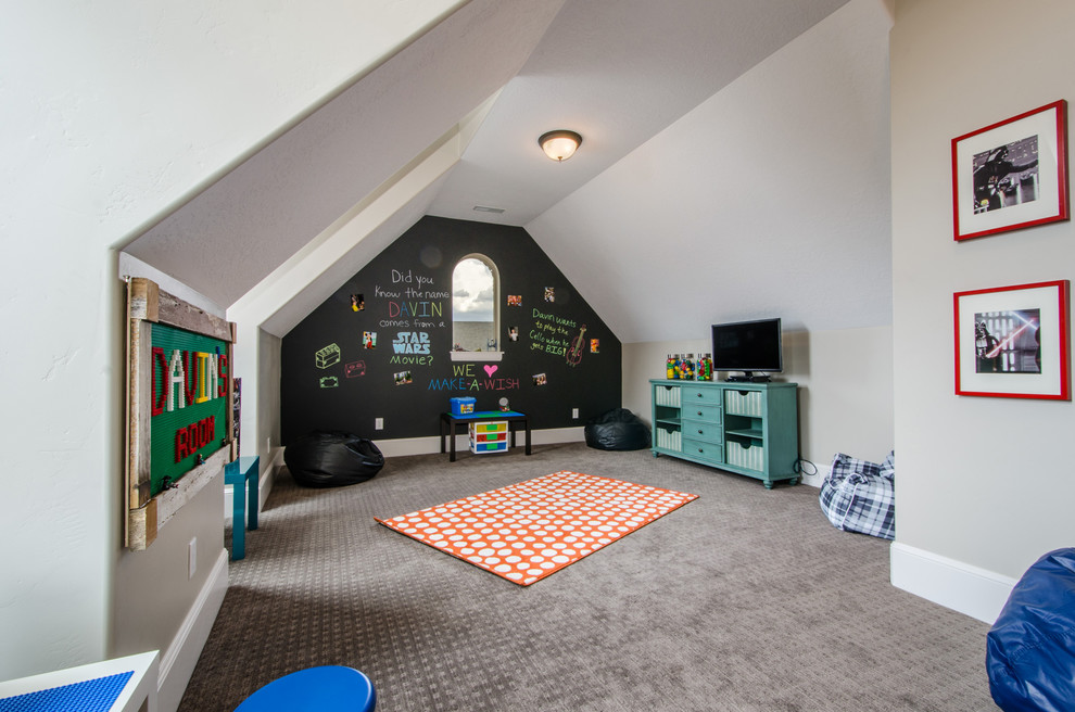 Design ideas for a large arts and crafts gender-neutral kids' playroom in Salt Lake City with grey walls and carpet.