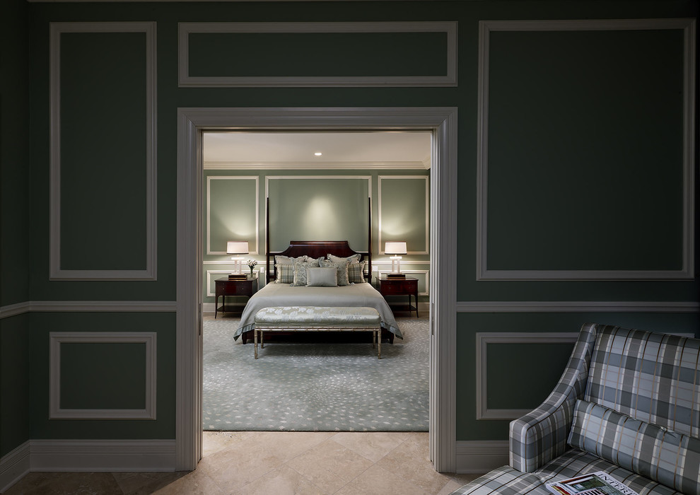 Large contemporary master bedroom in Chicago with green walls, carpet, green floor and no fireplace.