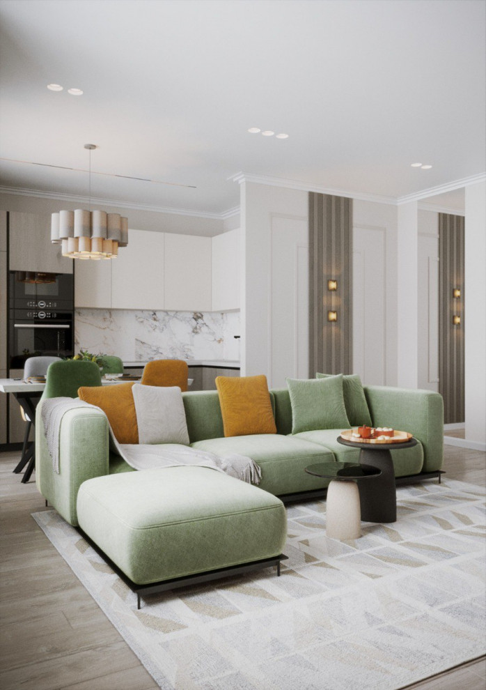 Яркий дизайн кухни-гостиной для молодой семьи