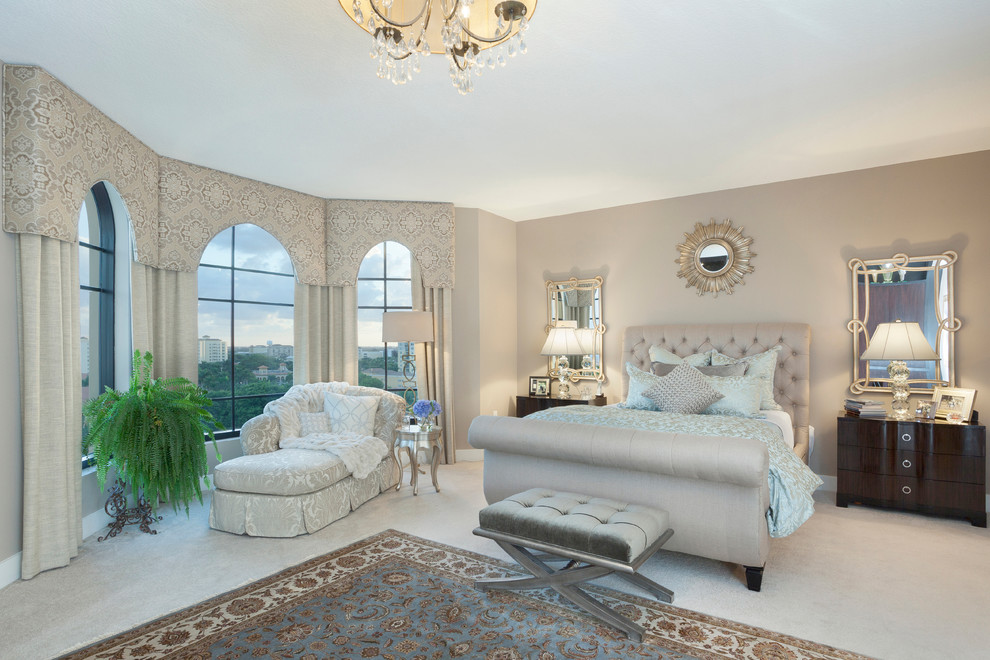 Photo of a transitional bedroom in Miami with grey walls, carpet and no fireplace.