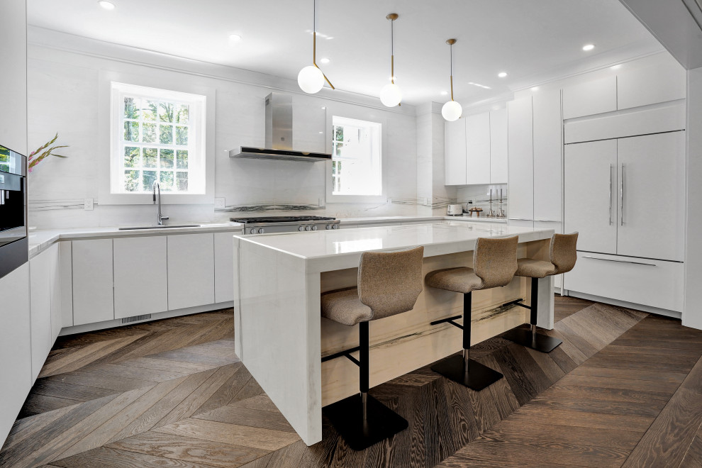 Modern White Kitchen Island with Wood Base & Bar Stools – Historic Renovation in