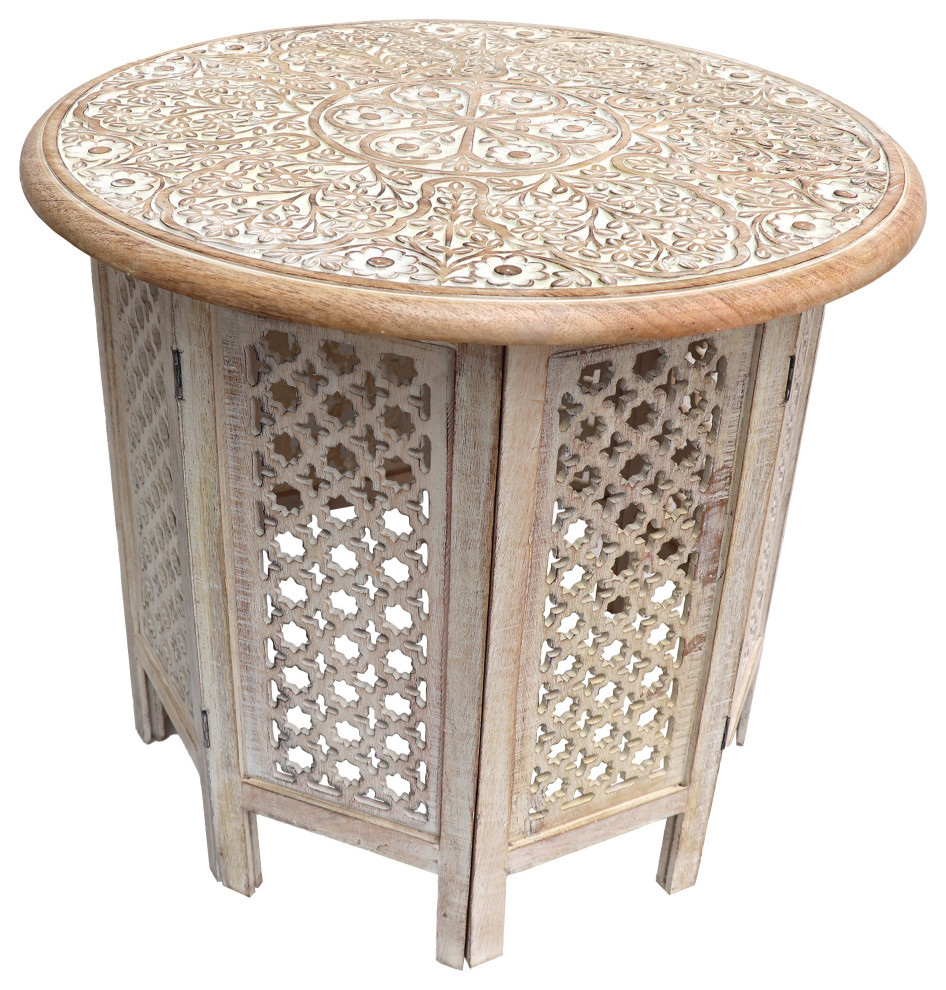 Mesh Cut Out Carved Mango Wood Octagonal Folding Table With Round Top