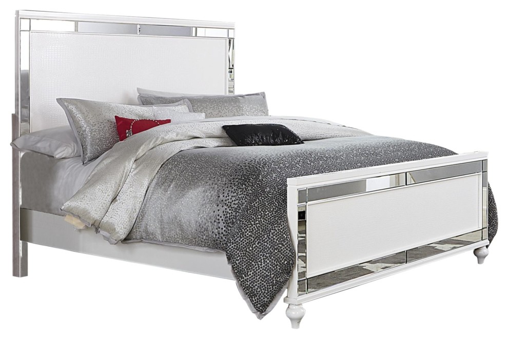 Acevo Modern Mirrored Queen Bed, Bright White Contemporary Panel