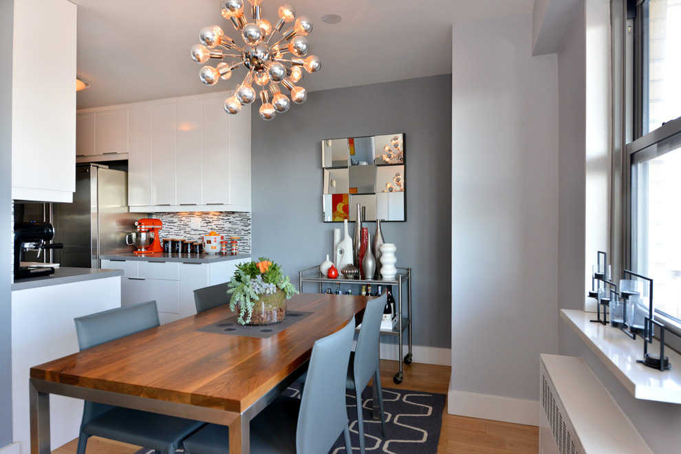 Photo of a small contemporary kitchen/dining combo in New York with grey walls, light hardwood floors and no fireplace.