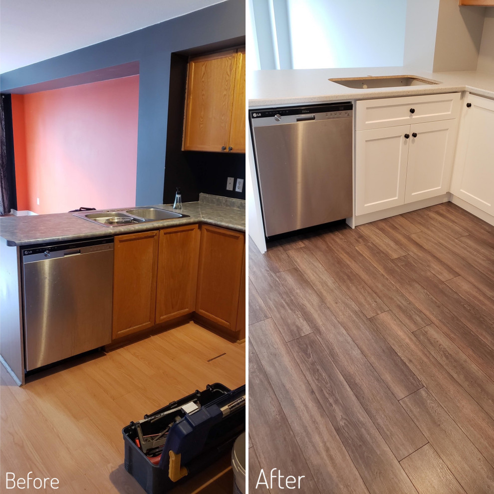 Open concept kitchen - transitional u-shaped open concept kitchen idea with an undermount sink, shaker cabinets, white cabinets, laminate countertops and gray backsplash