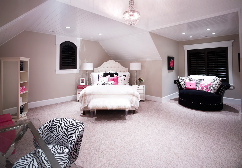 Inspiration for an expansive traditional kids' room for girls in Salt Lake City with beige walls and carpet.