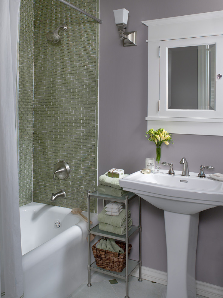 Design ideas for a traditional bathroom in San Francisco with a pedestal sink and purple walls.