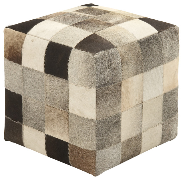 Rustic Organic Wood and Leather Hide Ottoman, MultiColor