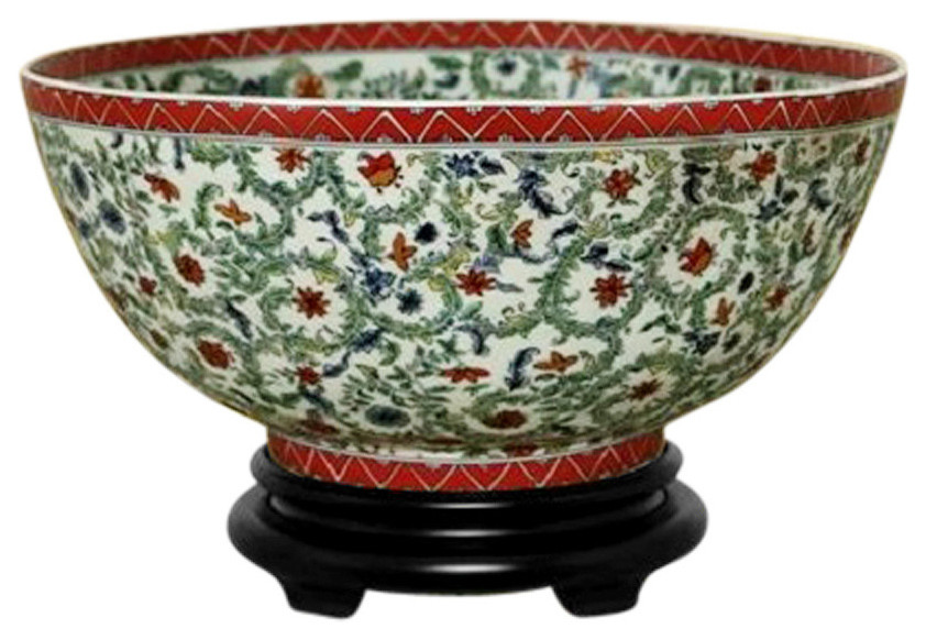 Chinese Multi Color Floral Porcelain Bowl With Base 14" Traditional