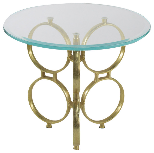 Round Glass Top Ring End or Side Table, Shiny Gold Contemporary