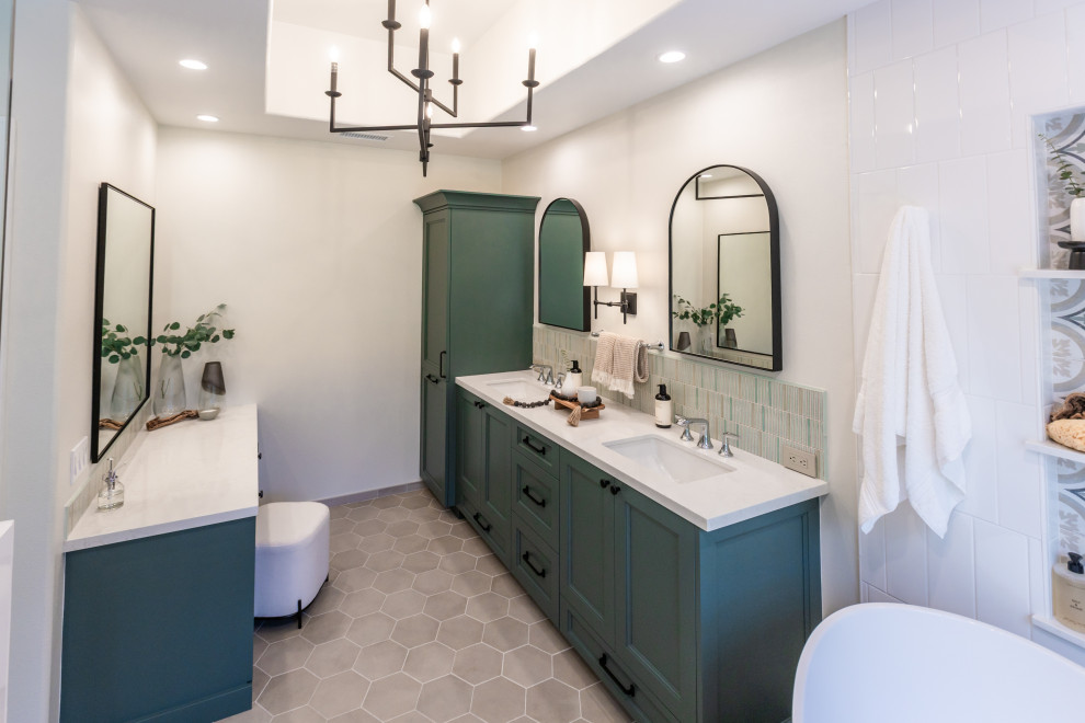 Expanded Double Vanity with Custom Linen Cabinet - Transitional ...