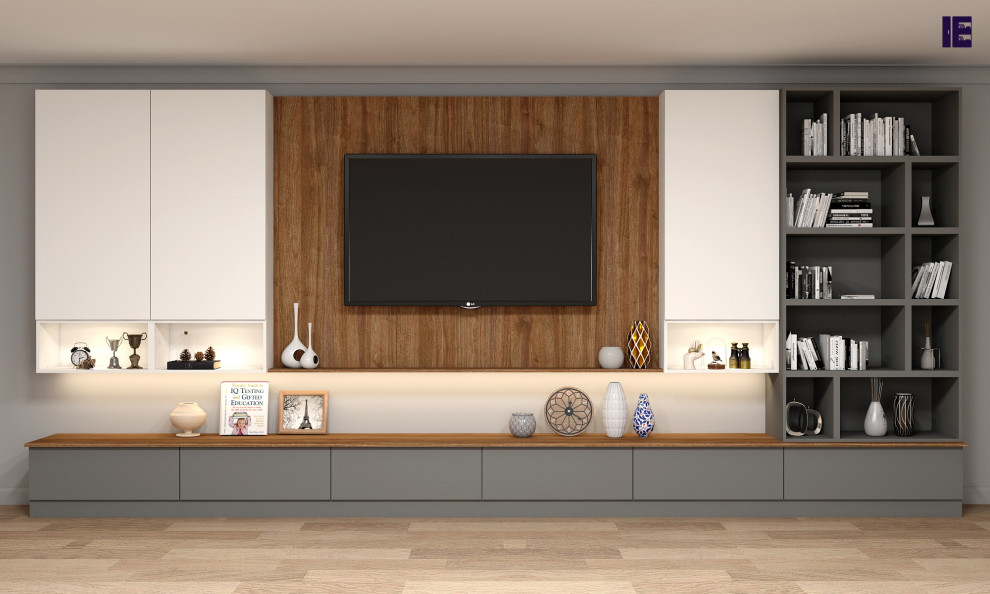 Design ideas for a small modern open plan home cinema in London with white walls, plywood flooring, a built-in media unit, brown floors and feature lighting.