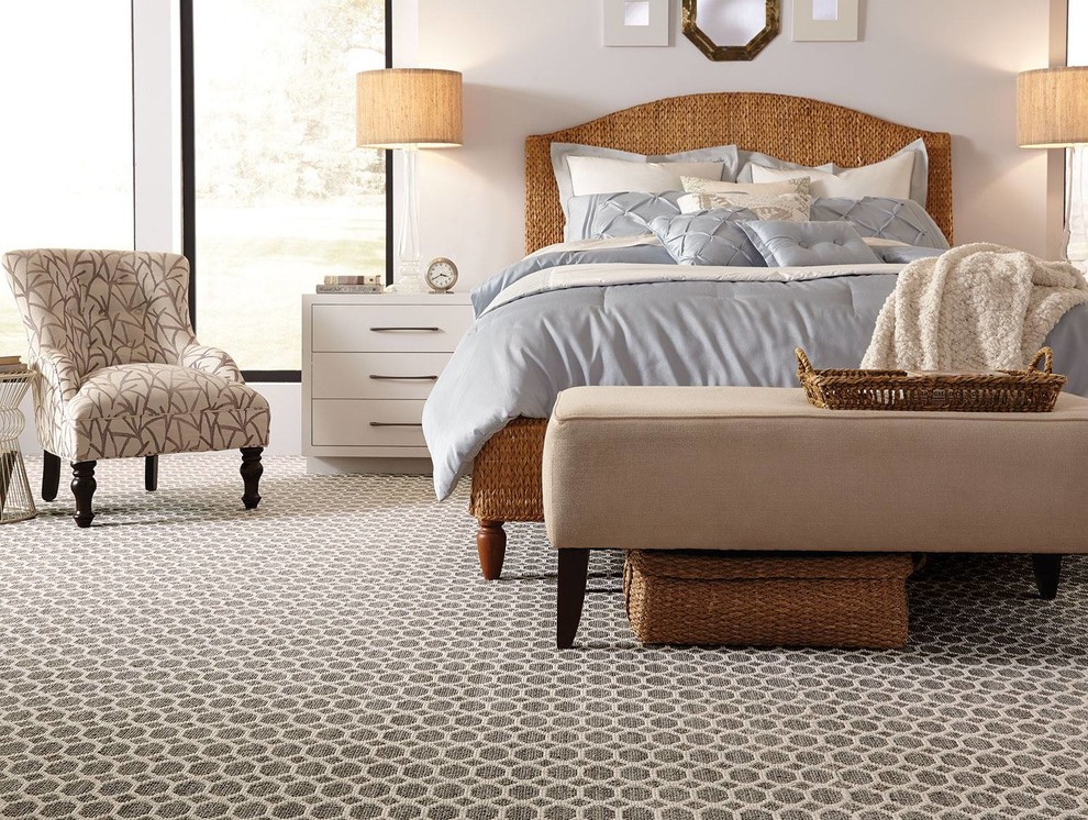 Example of a mid-sized transitional master carpeted and brown floor bedroom design with white walls and no fireplace