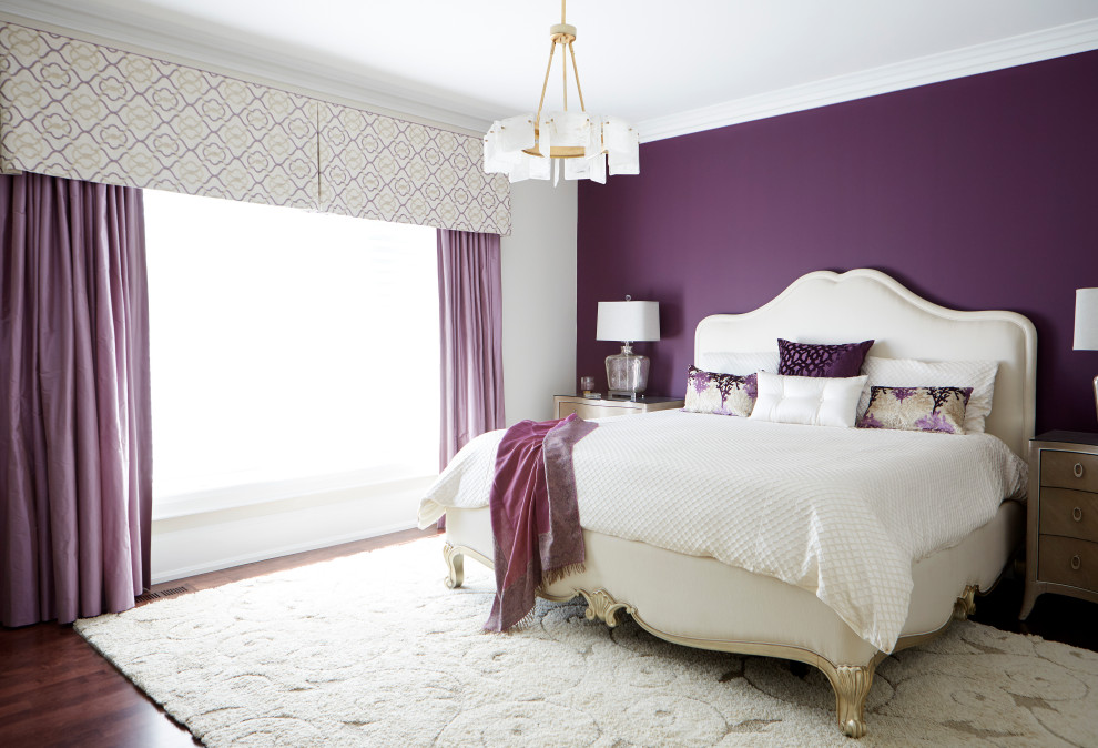 Photo of a large transitional master bedroom in Toronto with purple walls, dark hardwood floors and brown floor.