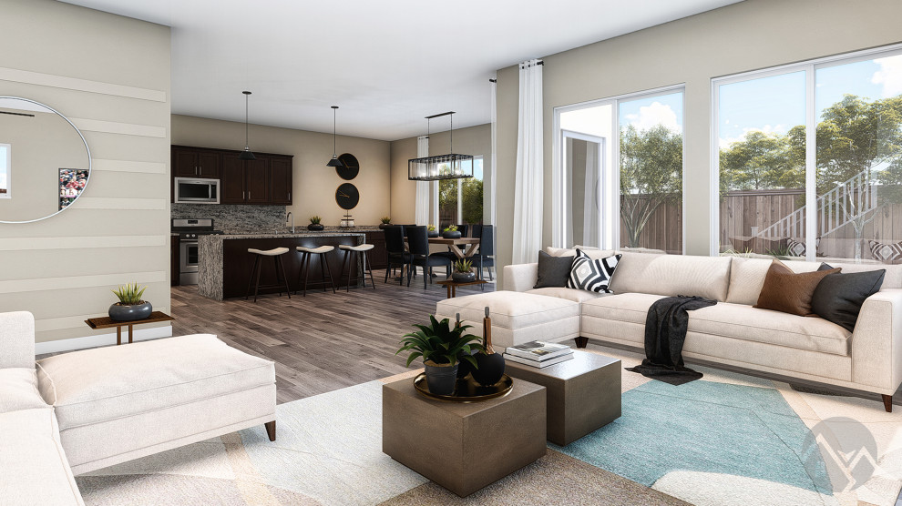 Immagine di un grande soggiorno minimalista aperto con pareti beige, pavimento in legno massello medio, TV a parete, pavimento marrone, soffitto in carta da parati e carta da parati