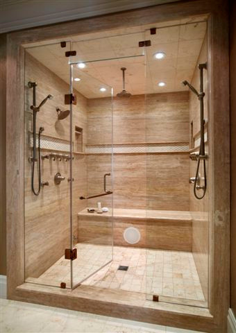 Design ideas for a traditional master bathroom in Toronto with a double shower and a hinged shower door.