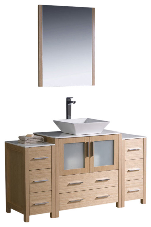 54" Light Oak Vanity, 2 Side Cabinets and Vessel S Soana Brushed Nickel Faucet