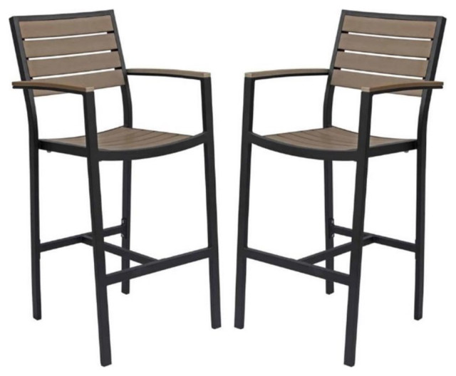 Home Square Aluminum Patio Bar Stool in Black Frame and Gray - Set of 2