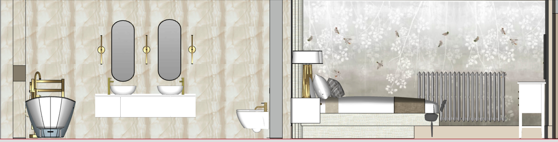 3D render bedroom and bathroom
