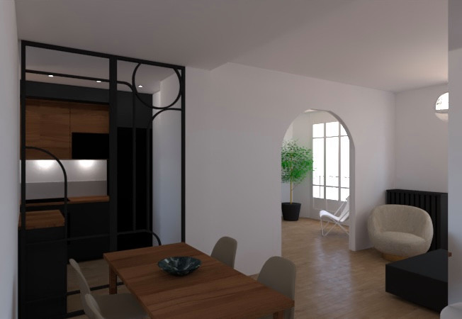 VUE 3D sur l’accès cuisine et le coin repas