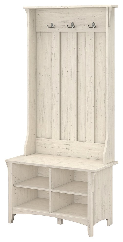 Salinas Hall Tree With Storage Bench, Antique White Farmhouse Hall