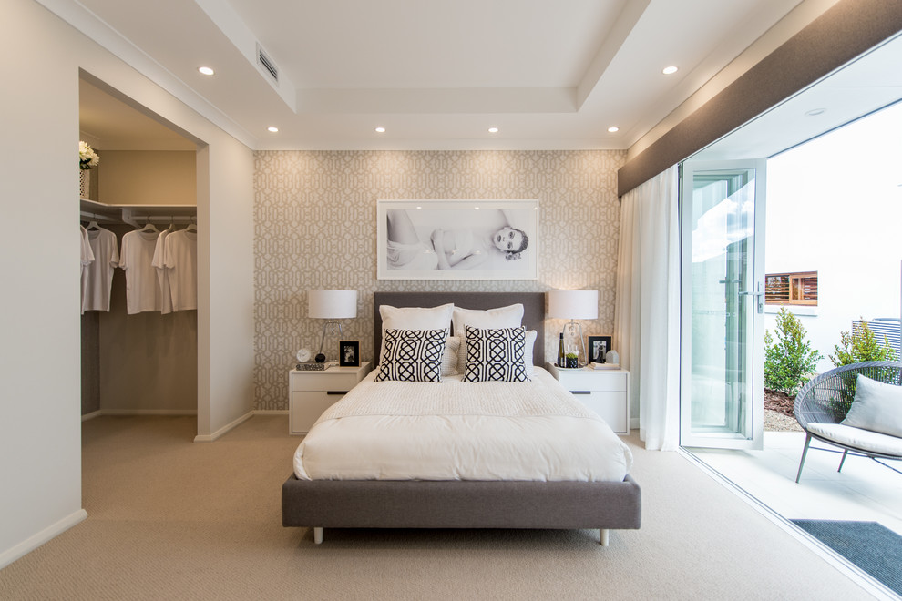 Contemporary master bedroom in Brisbane with carpet and no fireplace.