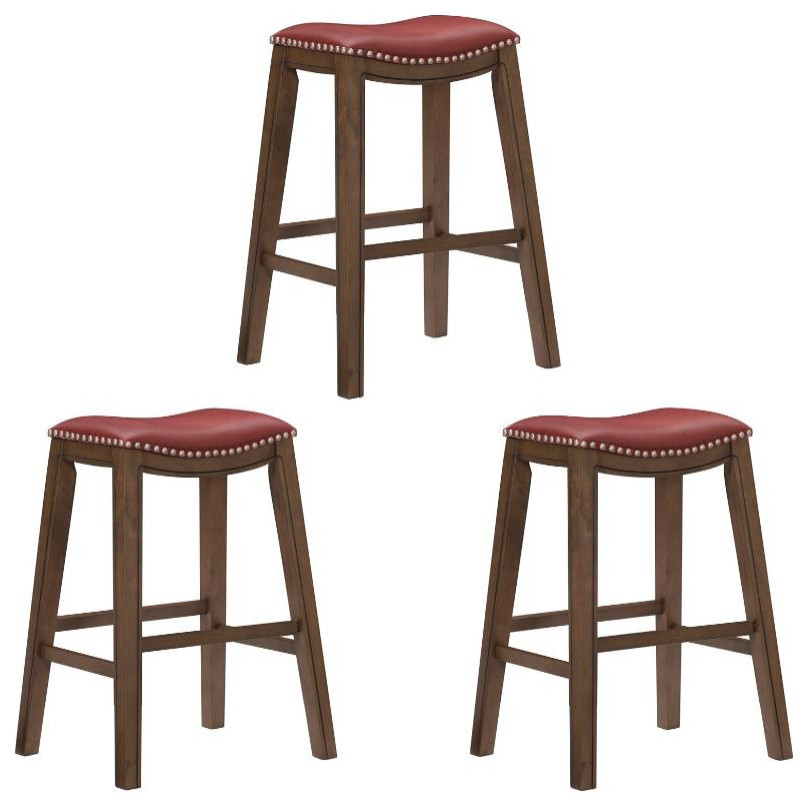 Home Square 3 Piece 29" Upholstered Faux Leather Saddle Bar Stool Set in Red