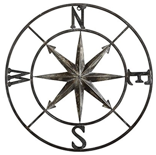 30 Round Metal Compass Wall Decor Beach Style Art 30 Round Metal Compass Wall Decor