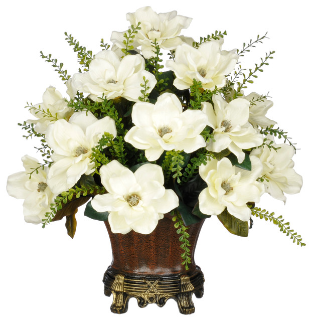 Artificial Cream Magnolia with Mini Boxwood Leaves in Brown Traditional