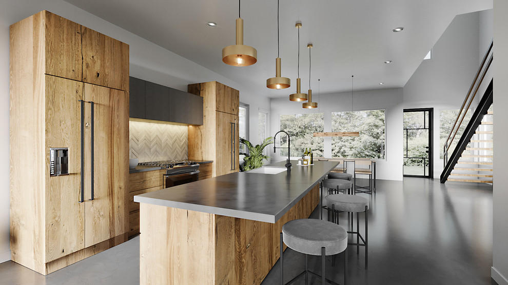 Design ideas for a small modern galley open plan kitchen in Austin with a farmhouse sink, flat-panel cabinets, medium wood cabinets, concrete benchtops, white splashback, mosaic tile splashback, panelled appliances, concrete floors, with island, grey floor and grey benchtop.