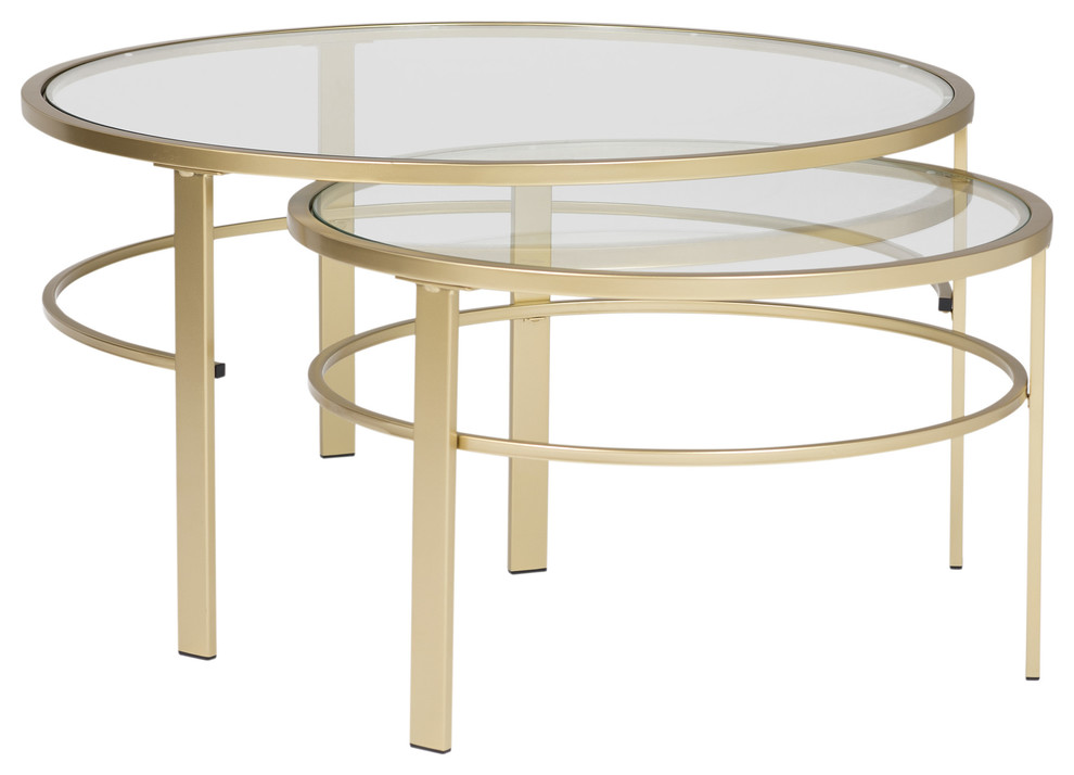 Corbel Modern Round Metal And Glass Nesting Coffee Table Set Gold 36x26