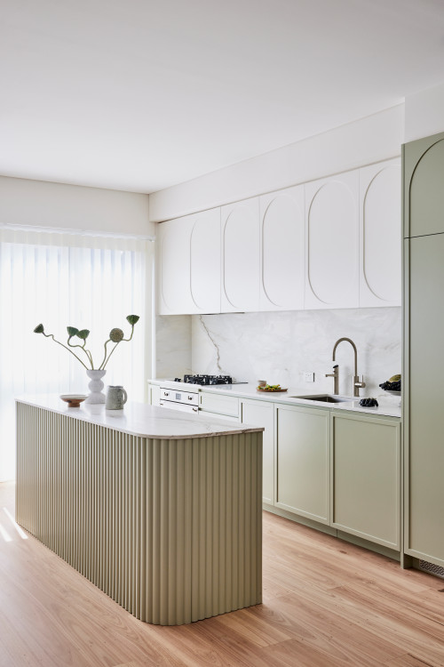 White and Sage Green Harmony: Ribbed Island Kitchen Sink Backsplash Inspirations